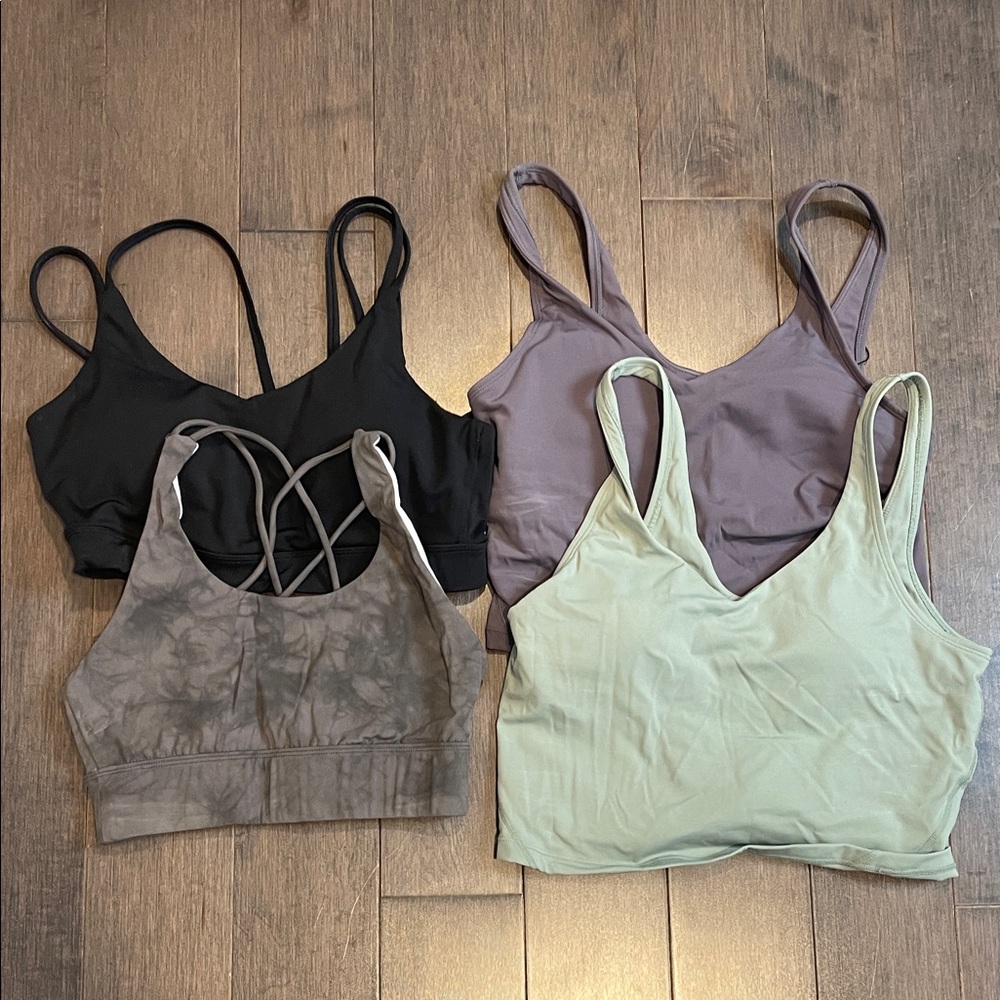 4 Women's brand new Strappy sports bras - Black, Taupe Tie-Dye, Mauve, Sage